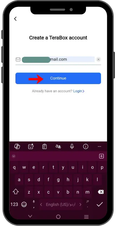 Smartphone screen displaying the TeraBox account registration page with an email field and continue button.