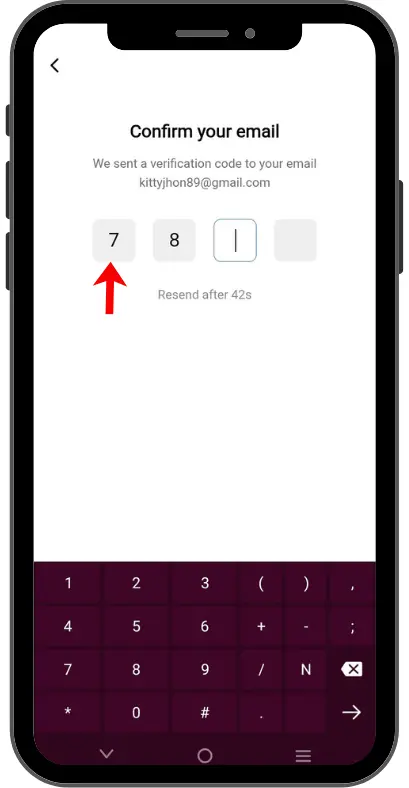 Smartphone screen displaying an email verification code entry page during account registration or login.