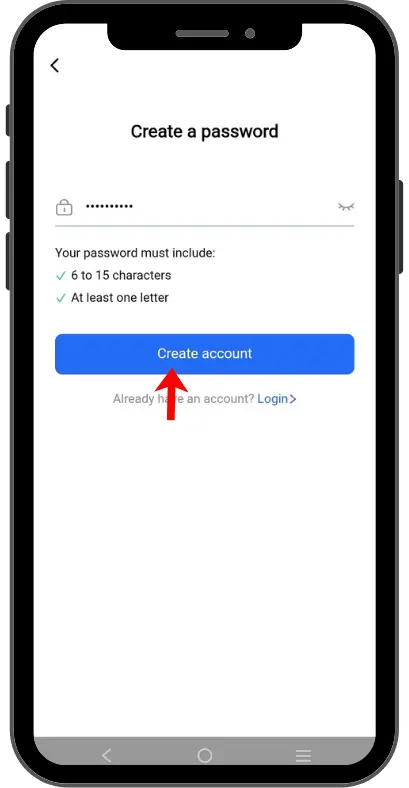 Smartphone screen displaying a password creation form with account registration requirements and a create account button.