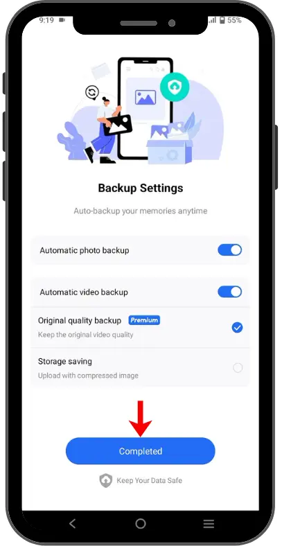 TeraBox backup settings screen showing automatic photo and video backup options with a complete setup button.