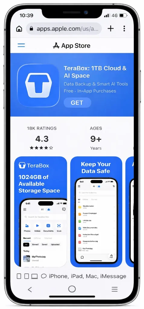 TeraBox App Store page on iPhone showing the GET button for downloading the cloud storage application.