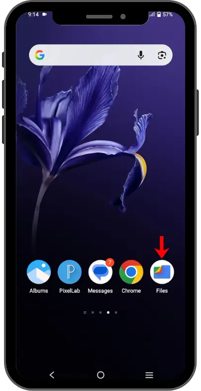 Android home screen with a red arrow pointing to the Files app icon used to access downloaded APK files.