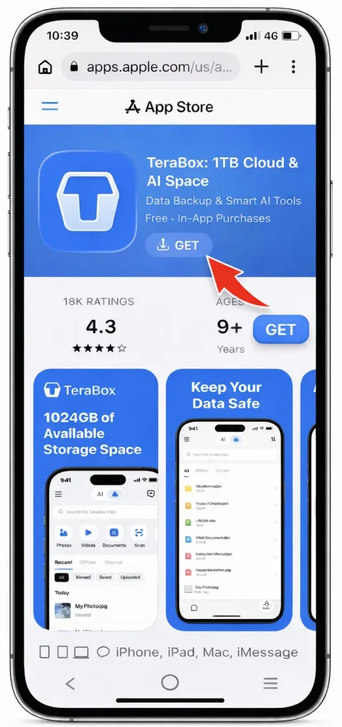 iPhone App Store page showing the TeraBox application with the GET button highlighted for download.