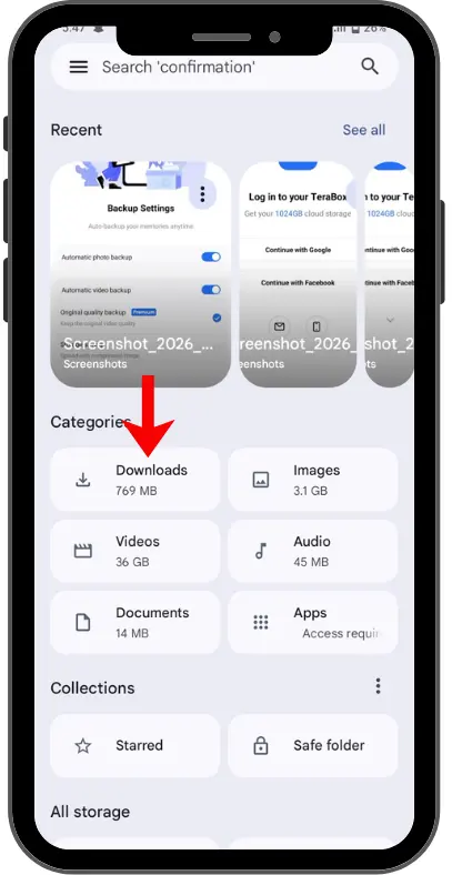 File manager screen showing the Downloads category highlighted with a red arrow for locating downloaded TeraBox APK files