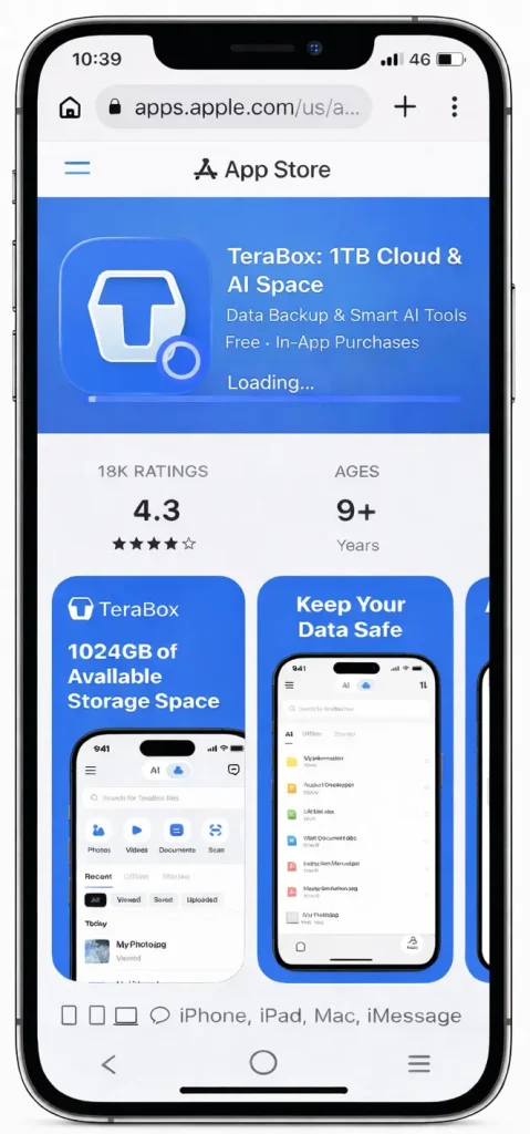 iPhone screen displaying the TeraBox app page on the Apple App Store with download and rating information.