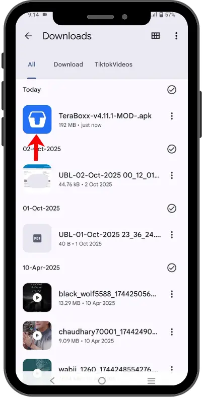 Downloads folder showing the downloaded TeraBox MOD APK file with a red arrow pointing to the APK for installation.