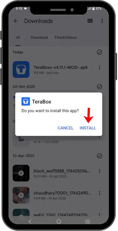 Installation confirmation popup for TeraBox APK with a red arrow pointing to the Install button.