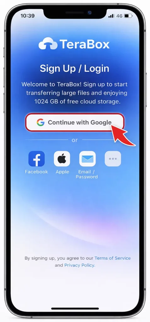 TeraBox iOS login screen showing sign-up options with Google, Apple, Facebook, and email authentication.