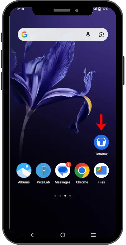 Android home screen displaying the TeraBox app icon with a red arrow pointing to it before launching the application.