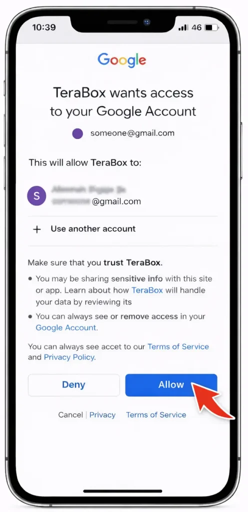 iPhone screen displaying Google account permission request for TeraBox sign-in and account access authorization.
