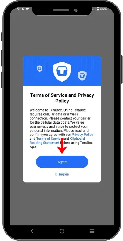 TeraBox terms of service and privacy policy screen with an Agree button for user consent during setup.