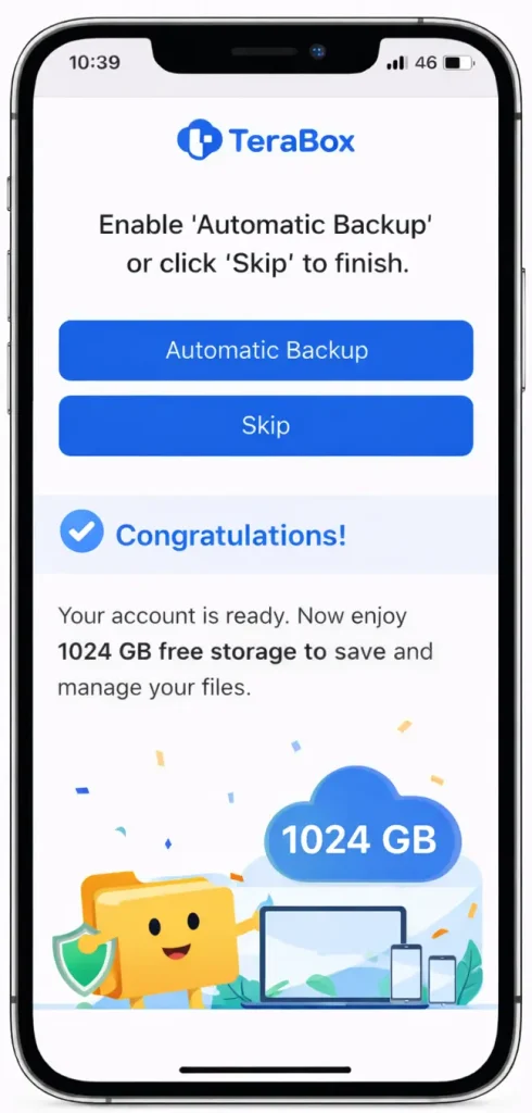 iPhone screen displaying TeraBox automatic backup setup with 1024 GB free cloud storage confirmation.