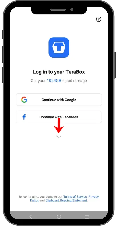 TeraBox login screen showing Google and Facebook sign-in options with an arrow highlighting additional login methods.