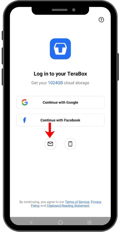TeraBox login screen displaying sign-in options with Google, Facebook, email, and phone authentication.