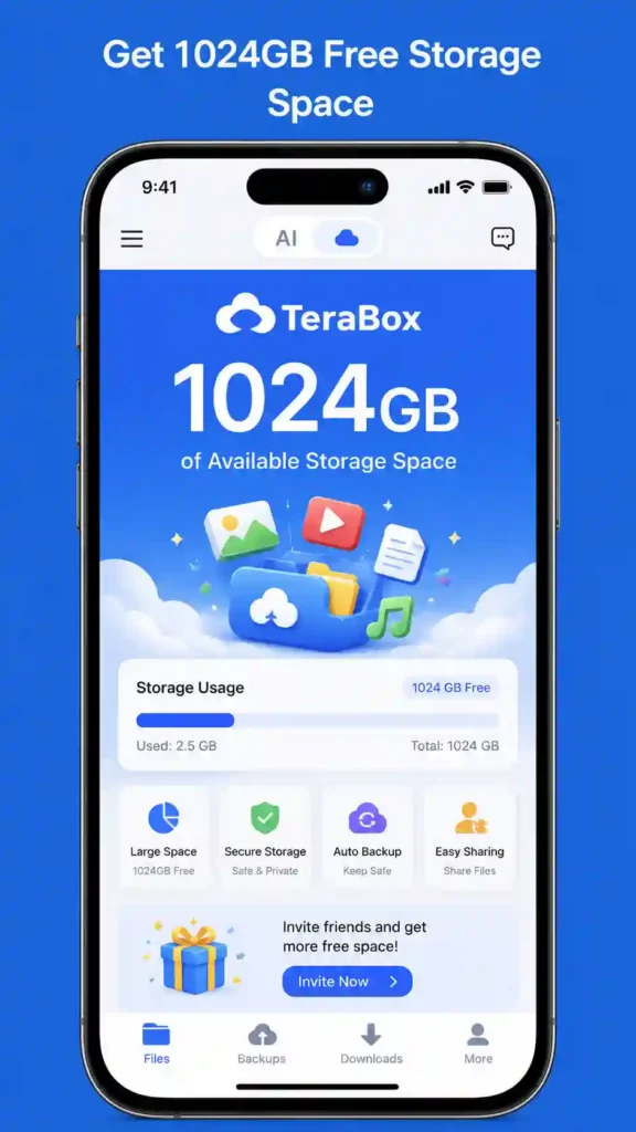 TeraBox free 1TB cloud storage space for secure file backup and sharing