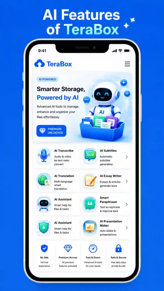 TeraBox AI features displayed on a smartphone screen, including AI transcription, translation, subtitles, writing assistance, and file management tools.