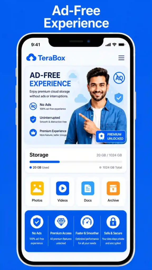 TeraBox ad-free experience displayed on a smartphone screen, highlighting uninterrupted cloud storage access, premium features, and secure file management.
