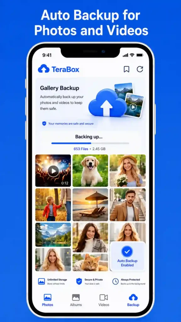 TeraBox auto backup feature for photos and videos displayed on a smartphone screen with gallery backup progress and cloud storage protection.