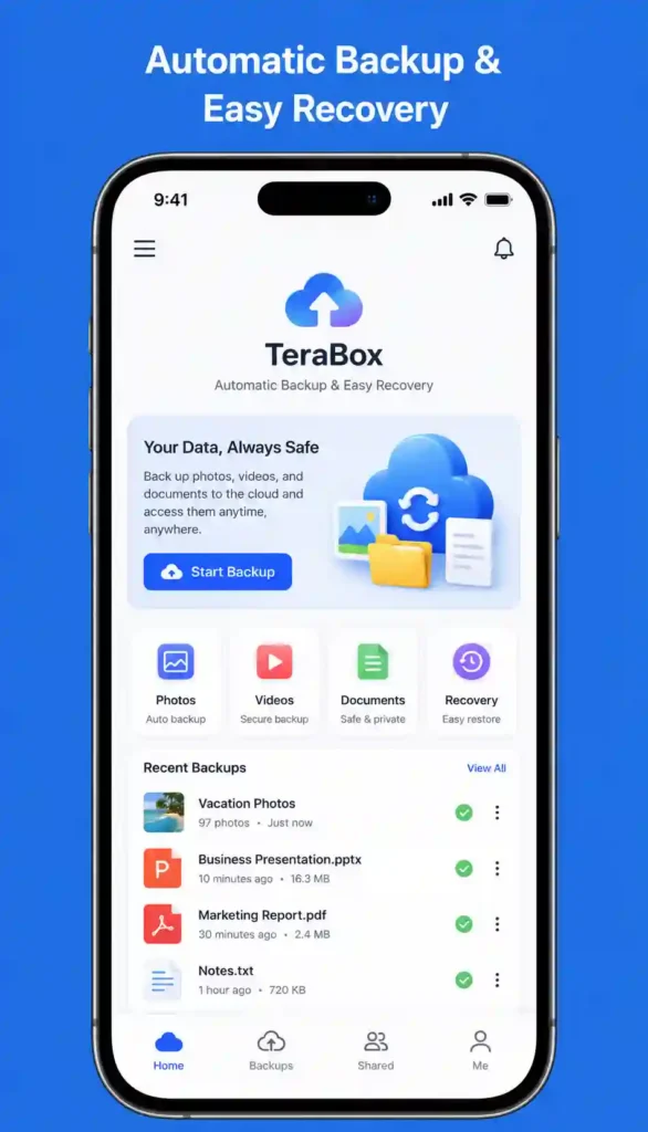 TeraBox automatic backup and recovery feature for secure cloud data protection