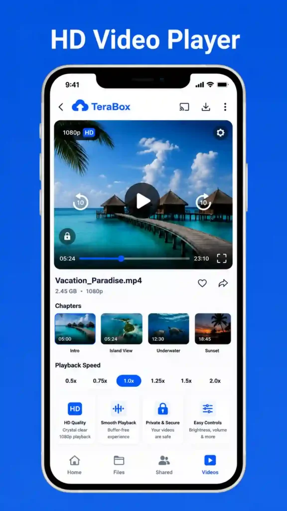 TeraBox HD video player interface showing high-quality video playback with playback controls, speed settings, chapter navigation, and secure streaming features.