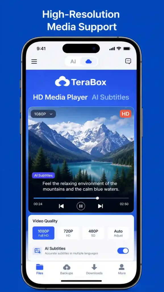 TeraBox high-resolution media player with HD video playback and AI subtitle support