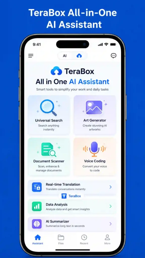 TeraBox All-in-One AI Assistant with search, translation, document scanning, and productivity tools