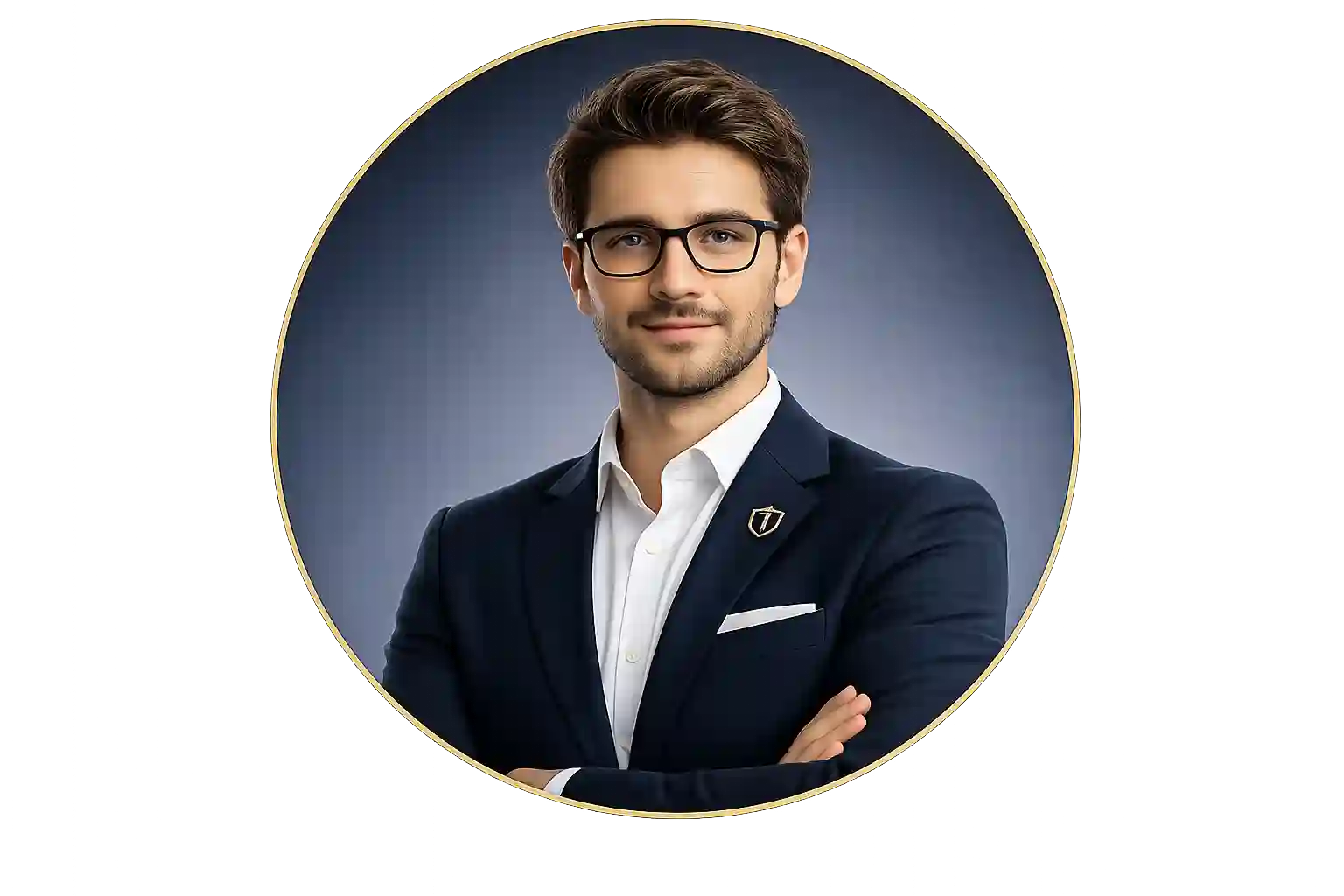 Young business professional in a navy blue suit and glasses posing confidently with crossed arms.