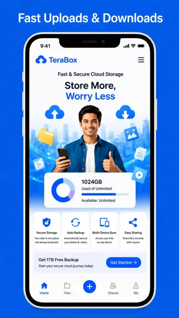 Fast uploads and downloads feature in the TeraBox app displayed on a smartphone screen with cloud storage tools and file management options.