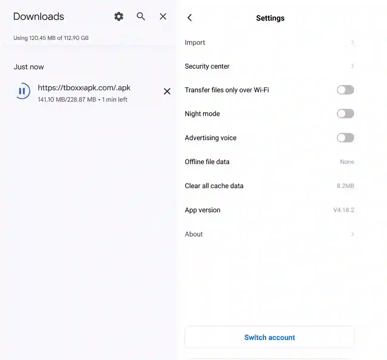 TeraBox MOD APK v4.18.2 download progress screen and app settings page showing latest version details on Android.
