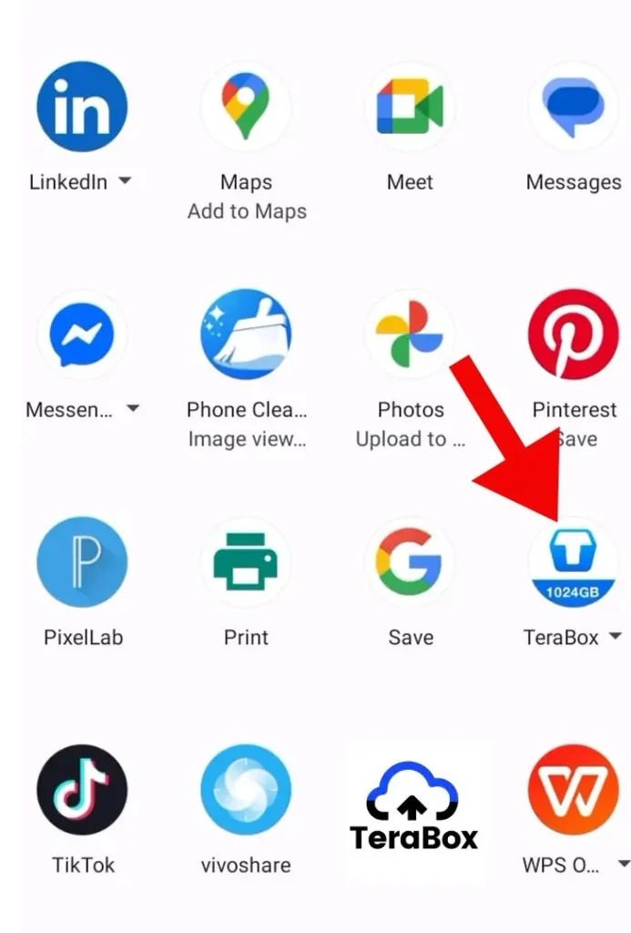 Android share menu with the TeraBox app selected to upload a file from another application.