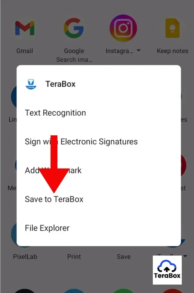 TeraBox share menu with the Save to TeraBox option selected to upload a file directly to cloud storage.
