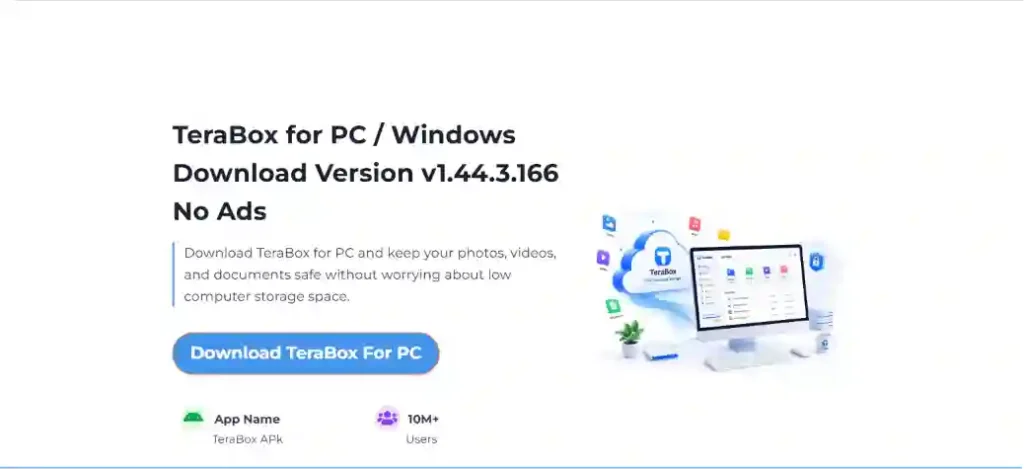 TeraBox for PC download page showing the latest Windows version with a Download TeraBox for PC button.