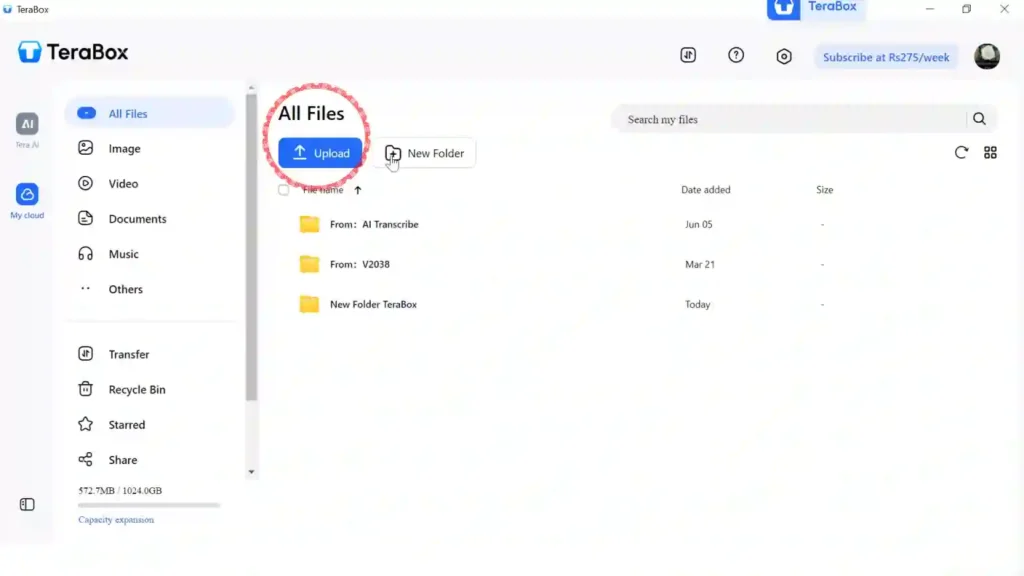 TeraBox dashboard with the Upload button highlighted, showing where to start uploading files to cloud storage.
