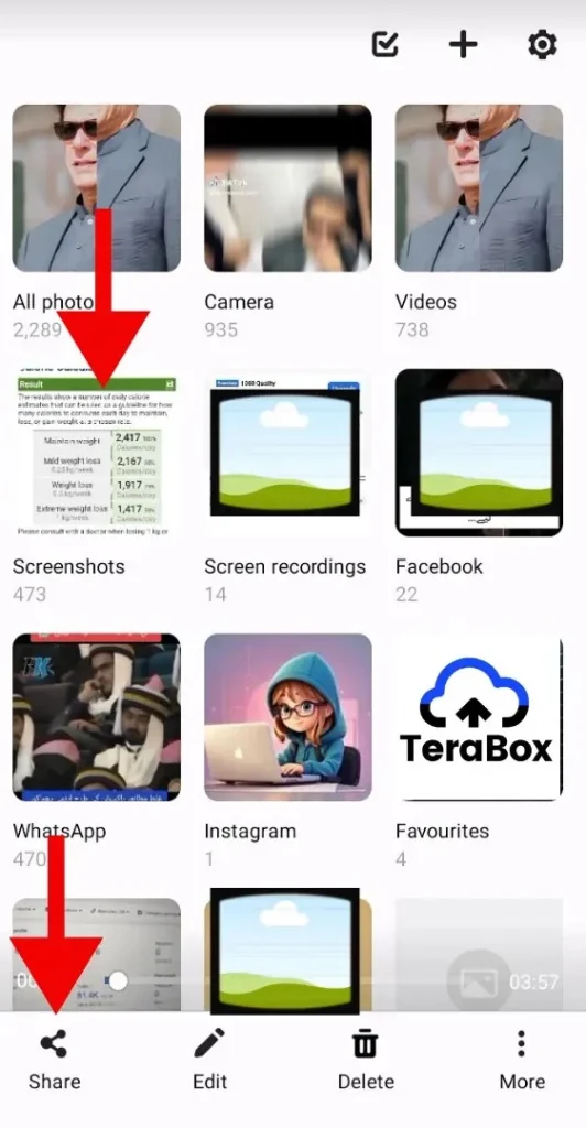 Android Gallery app with the Share option selected to send a photo directly to TeraBox cloud storage.
