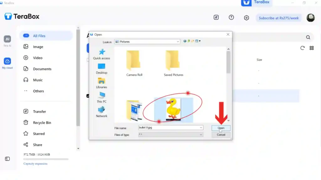 Windows file picker showing an image selected before clicking the Open button to upload it to TeraBox.