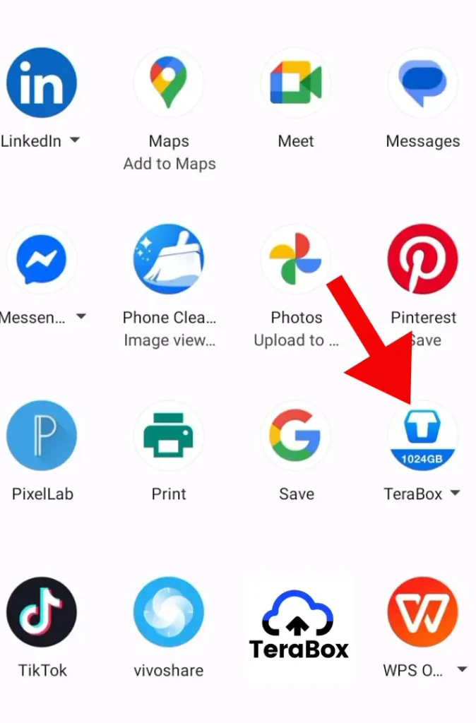 Android share menu with the TeraBox app selected to upload a file from another application.