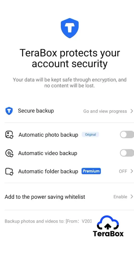 TeraBox automatic backup settings page showing photo, video, and folder backup options for protecting cloud storage data.