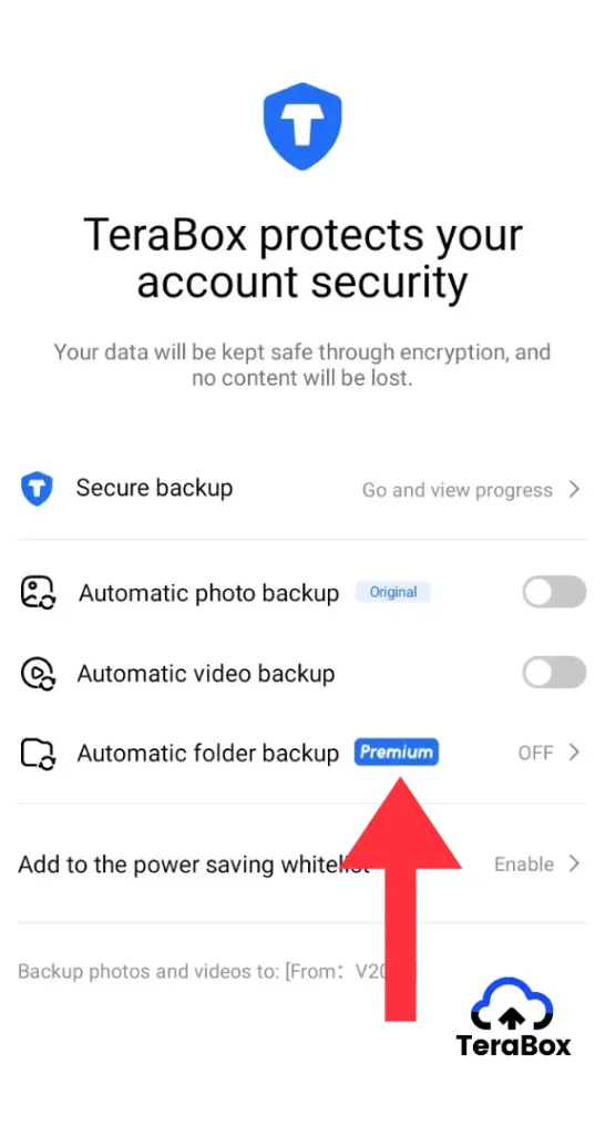 TeraBox automatic backup settings highlighting the Premium Automatic Folder Backup feature for cloud file protection.