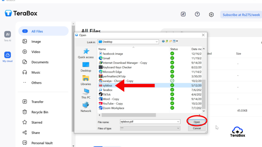 TeraBox document upload screen showing Windows file picker with a PDF selected before clicking the Open button.