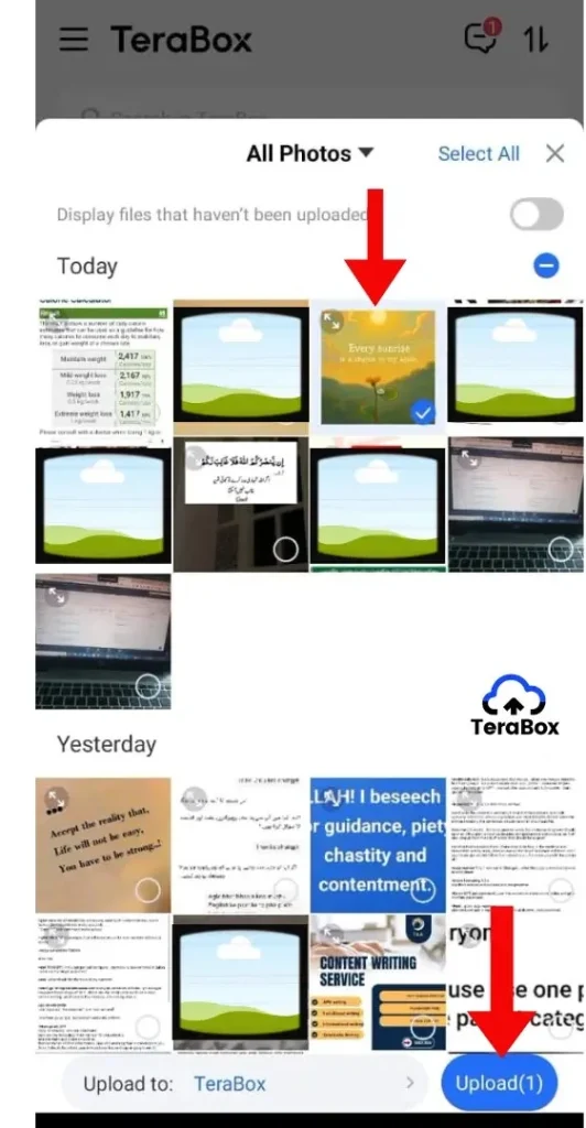 TeraBox photo upload screen with an image selected and the Upload button highlighted to upload it to cloud storage.
